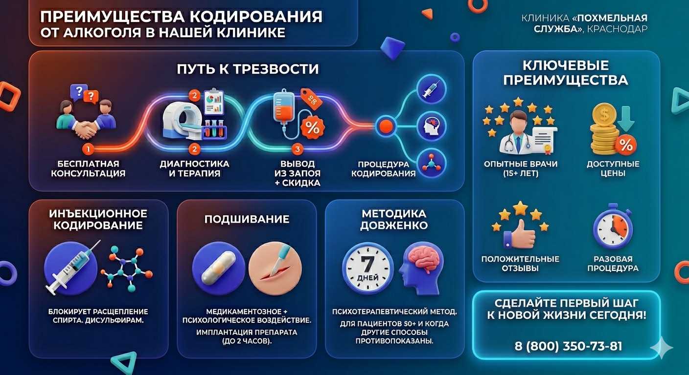 Инфографика о методах кодирования от алкоголя в Эстосадоке: инъекции, подшивание, метод Довженко. Преимущества клиники и этапы лечения.